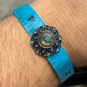 OOAK Sewing Tape Measure Bracelet, Teal with Repurposed Jewelry